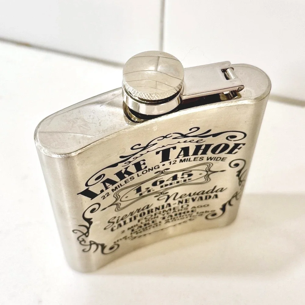 Lake Tahoe Sierra Nevada Stainless Steel 6 oz Hip Flask Silver Souvenir